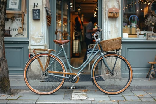 An image of a vintage bicycle with a basket on the handlebars, parked outside a shop with large glass windows in the background.