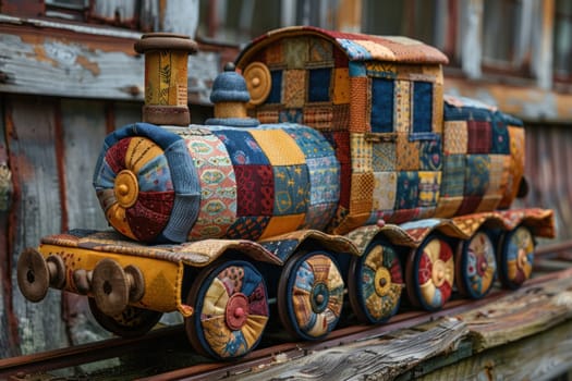 Handmade patchwork toy train with colorful fabrics and cotton stuffing on a wooden table with warm blurred background.