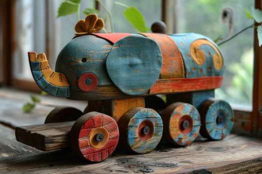 Handcrafted wooden toy elephant with vibrant colors and a flower on its head. Charming on wheels, perfect for a childs collection.