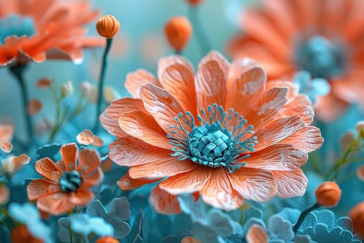 Orange paper flower with blue center isolated on blue background. Realistic and perfect for various creative projects.