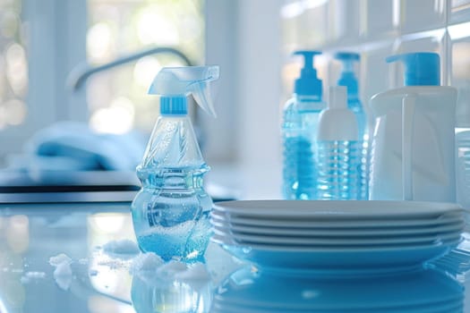 A blue and white spray bottle, a blue and white dish soap bottle, a blue and white hand soap bottle, and a stack of white dishes on a blue table.