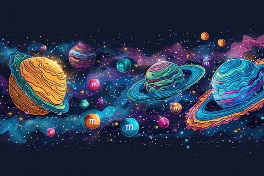 Vibrant digital illustration of colorful planets and stars on a deep blue cosmic background. Ideal for creative projects.
