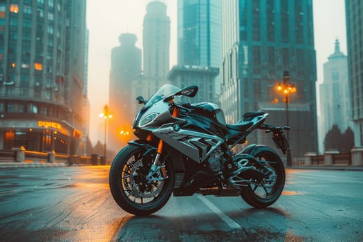 A black sport motorcycle parked in a city with skyscrapers. Low angle shot with focus on the bike. Modern design, vibrant colors.