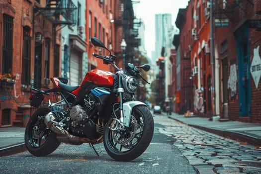 A modern looking red and black colored motorcycle is parked on the cobblestone street between two tall buildings with graffiti on the walls.