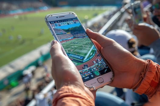 Crowded stadium with fans cheering and holding up smartphones to capture the exciting game. The atmosphere is electric with anticipation.