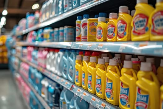 A variety of brightly colored cleaning supplies, such as bottles of liquid and plastic containers, neatly arranged in rows at a local grocery store.