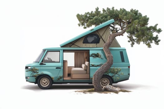 Camper van parked in nature with a tree growing through it, offering a unique camping experience. Evokes tranquility and freedom, ideal for adventure seekers