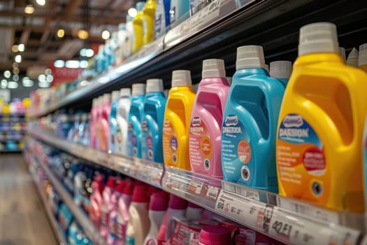 Assorted plastic bottles of laundry detergent in various colors and sizes on shelves at a supermarket, with different labels and brands.