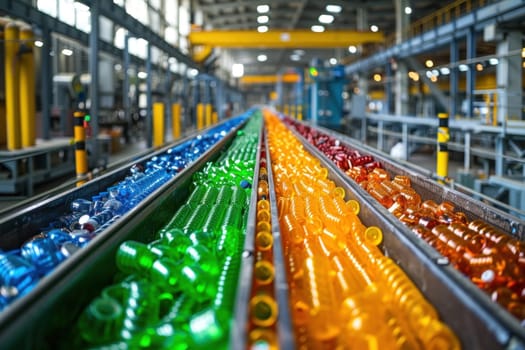 An industrial shot of a production line of plastic bottles in a factory. Bottles of different colors are being transported on a conveyor belt.