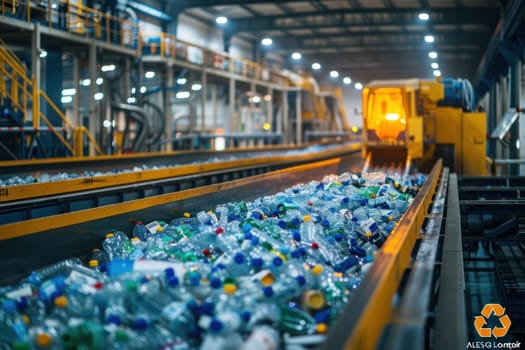 Industrial conveyor belt with plastic bottles for recycling at a facility, showing the sorting and recycling process.