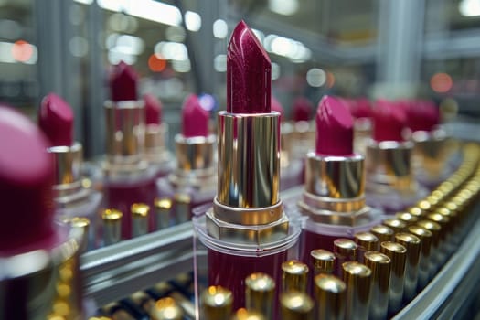 An array of pink lipsticks in their cases moving on a production line with a blurred background, creating a mesmerizing visual display.