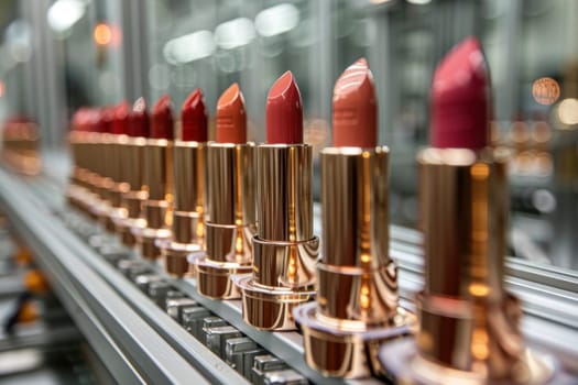 Automated conveyor belt with luxury brand lipsticks in shades of red, manufacturing cosmetics. Innovative beauty product assembly process.