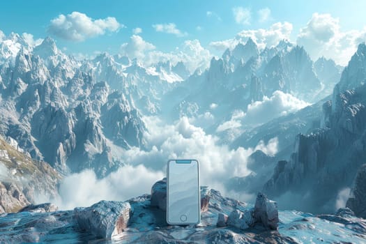 A smartphone rests on a mountain rock, snowy peaks in the background under a blue sky with clouds. Serene technology in a wild landscape.