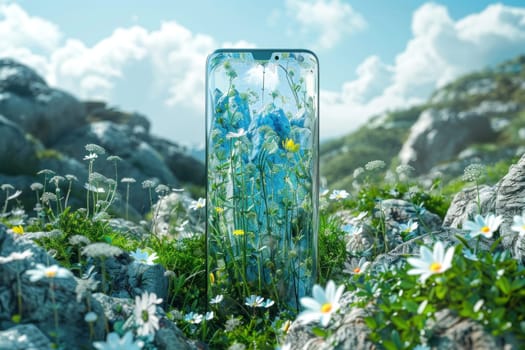 Smartphone with transparent screen displaying blooming flowers under the bright sun in a low angle shot, with a blue sky and fluffy clouds.