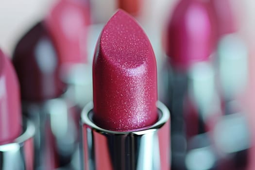 A variety of lipsticks in different shades of pink with the focus on a single tube of bright pink lipstick in the center of the image.