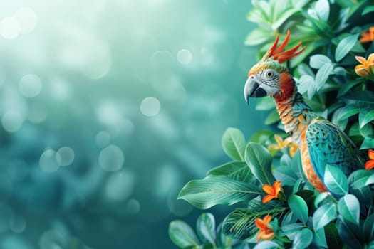 A vibrant parrot perched on a green branch with tropical foliage and flowers, creating a lively and eye-catching image. Perfect for nature designs.
