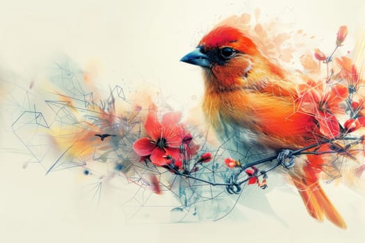 Image of red bird with black face and yellow beak on branch with red flowers. Light background with geometric shapes.