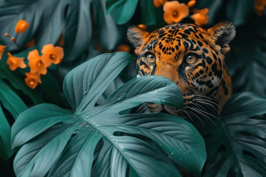 A jaguar camouflaged in the lush rainforest, its distinctive fur pattern and intense gaze stand out amidst the vibrant green foliage.