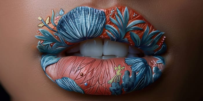 Close-up image of womans lips with intricate floral design. Lips slightly parted, teeth visible. Blue and orange flowers and vines.