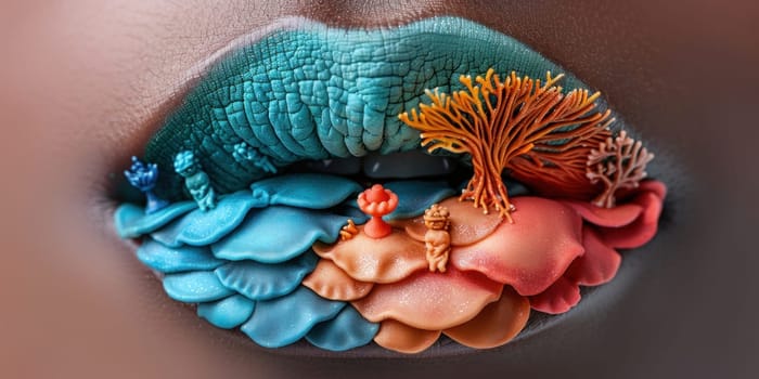 Creative 3D lips makeup with polymer clay mushrooms, leaves, and flowers on brown background. Perfect for photoshoots.