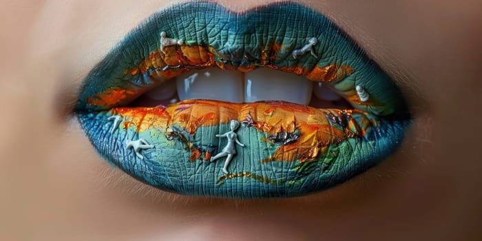 Expressive lips art with bright colors and a surreal design featuring a miniature world with tiny people and animals.