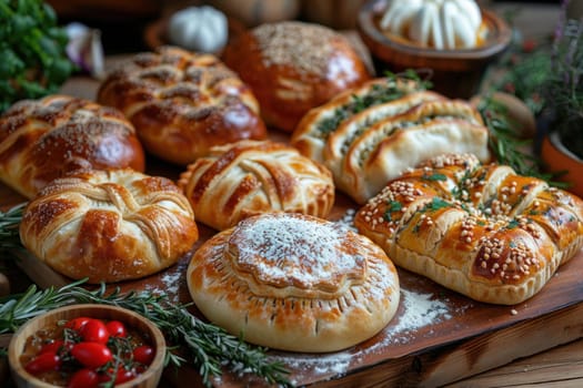 Assortment of freshly baked delicious pies and breads displayed on rustic wooden table background, perfect for bakery concept