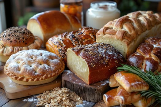 Freshly baked breads and pastries arranged on a rustic wooden table, captured from an inviting side angle with a blurred background.