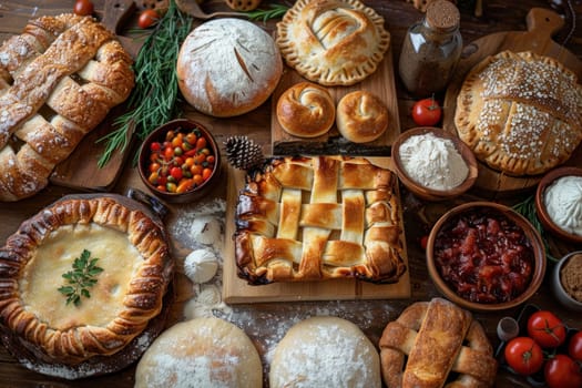Loaf of bread, pies, pastries, and rolls on a wooden table dusted with flour. Food photography in rustic style with natural light and selective focus.