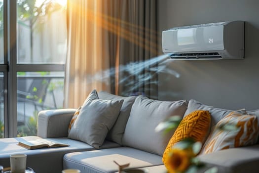 Bright and cozy living room with modern decor, light-colored walls, comfortable sofa, and air conditioner. Cool and comfortable atmosphere for all.