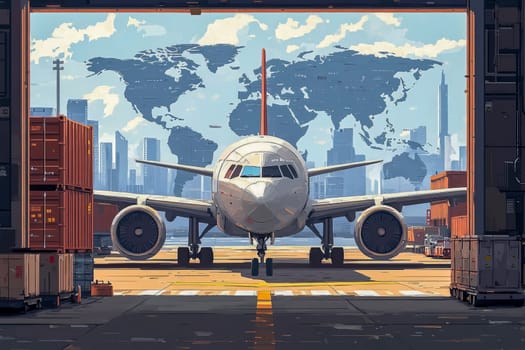 Illustration with cargo plane at the airport, with cargo containers and a symbolic map of the world.
