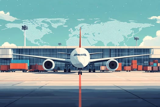 Illustration with cargo plane at the airport, with cargo containers and a symbolic map of the world.