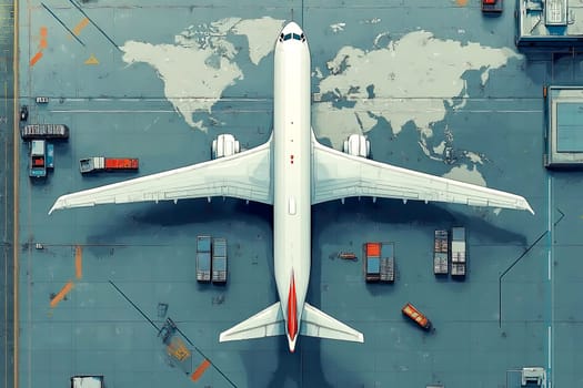 Illustration with cargo plane at the airport, with cargo containers and a symbolic map of the world.