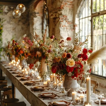 A beautifully set table with plates, candles, and flowers in a vase. The interior design includes floral arrangements, drinkware, and tableware for a stunning decoration