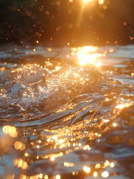The suns amber light is shining through the water, creating a beautiful splash. The atmosphere is filled with a warm glow, enhancing the natural landscape