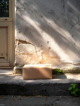 A cardboard box is placed on the sidewalk, in front of a wooden door and surrounded by asphalt road surface. Nearby grass and building in the landscape