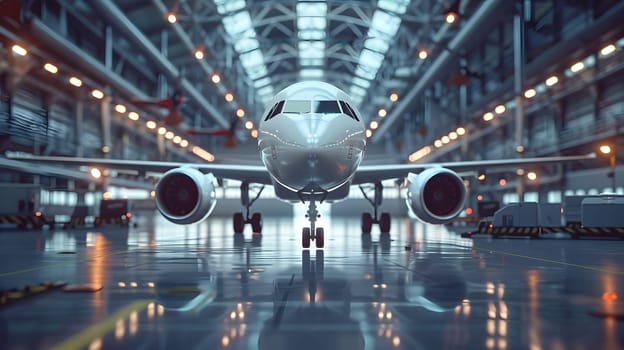 An airplane, manufactured by an aerospace manufacturer, rests in a hangar as a fixture. The vehicle, made of composite materials, awaits its next travel event