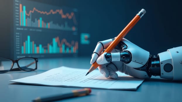 A robotic hand diligently writes on a notepad, surrounded by digital graphs and data displays in a sleek office.
