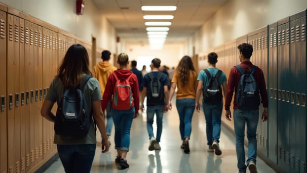 A group of students strolls down a vibrant school corridor, each carrying backpacks and chatting, capturing the essence of youthful energy and learning in a modern educational environment.