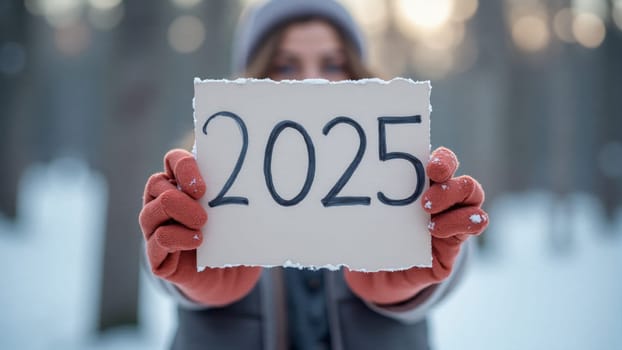 Amidst a tranquil winter landscape, a person dressed warmly holds up a handmade sign, showing the year 2025 against a backdrop of snow-covered trees and soft sunlight filtering through.