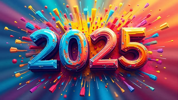 A colorful array of fireworks bursts around the bold number 2025, radiating excitement and joy for the new year. The lively hues create a celebratory atmosphere full of potential.