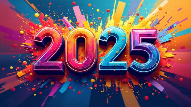 A colorful array of fireworks bursts around the bold number 2025, radiating excitement and joy for the new year. The lively hues create a celebratory atmosphere full of potential.