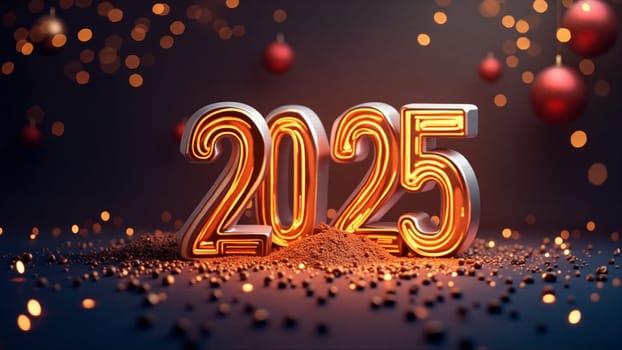 Glittering numbers shine brightly as they welcome the year 2025 amidst vibrant sparks and a twilight backdrop, capturing the joyous essence of a New Year's celebration full of hope.