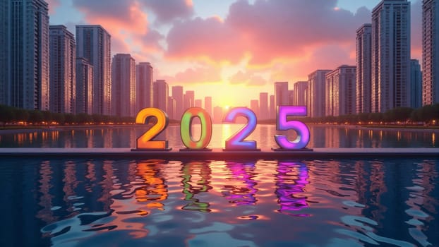 As the sun sets behind a stunning skyline, colorful numerals 2025 light up the waterfront, casting a warm glow on the tranquil water, symbolizing hopes for the new year ahead.