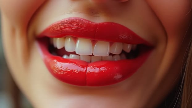 A close-up view reveals a beaming smile adorned with glossy red lipstick, highlighting perfect white teeth. The warm light creates an inviting atmosphere.