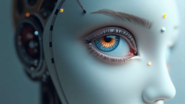 A robotic figure stands, showcasing an intricately designed face with a mesmerizing eye featuring vibrant blue and orange colors. The surrounding technology enhances its futuristic appearance.