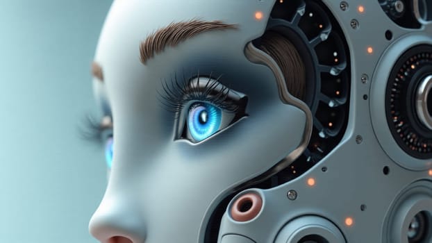 A robotic figure stands, showcasing an intricately designed face with a mesmerizing eye featuring vibrant blue and orange colors. The surrounding technology enhances its futuristic appearance.