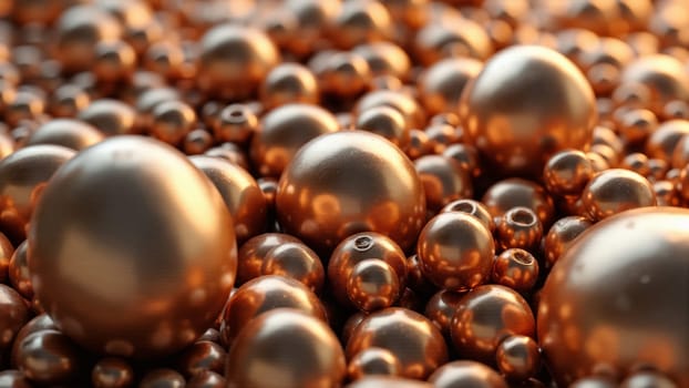 Numerous shimmering copper spheres of various sizes create an enchanting display, reflecting soft light against a textured backdrop. The warm tones invite a sense of calm and elegance.