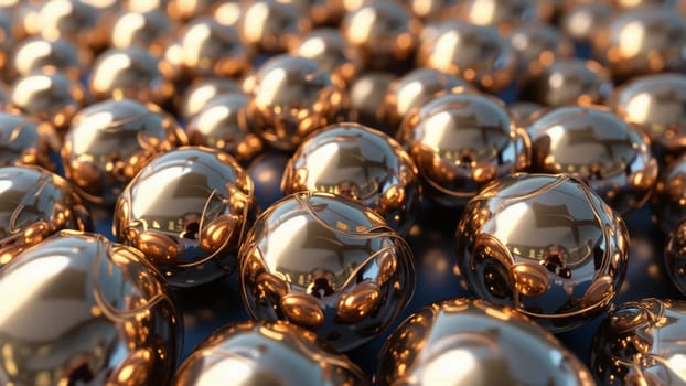 Numerous shimmering copper spheres of various sizes create an enchanting display, reflecting soft light against a textured backdrop. The warm tones invite a sense of calm and elegance.