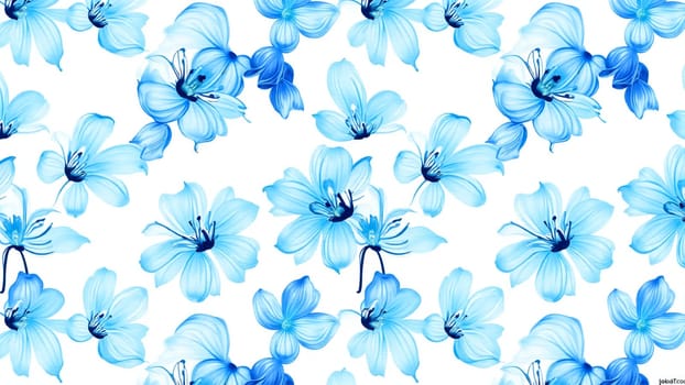 A captivating pattern showcases vibrant blue flowers intertwined with delicate stems, creating a serene and artistic atmosphere perfect for spring decor or textile design.