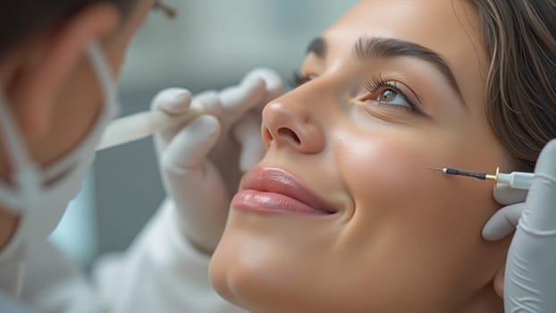 In a tranquil clinic environment, a skilled practitioner carefully administers a lip treatment to a young woman. The atmosphere is calm and professional, highlighting beauty and self-care.